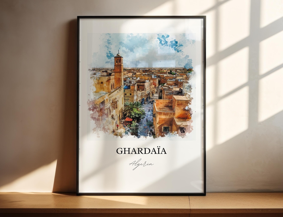 Ghardaia Algeria Ancient Mzab Valley Old Town Watercolor Travel Poster