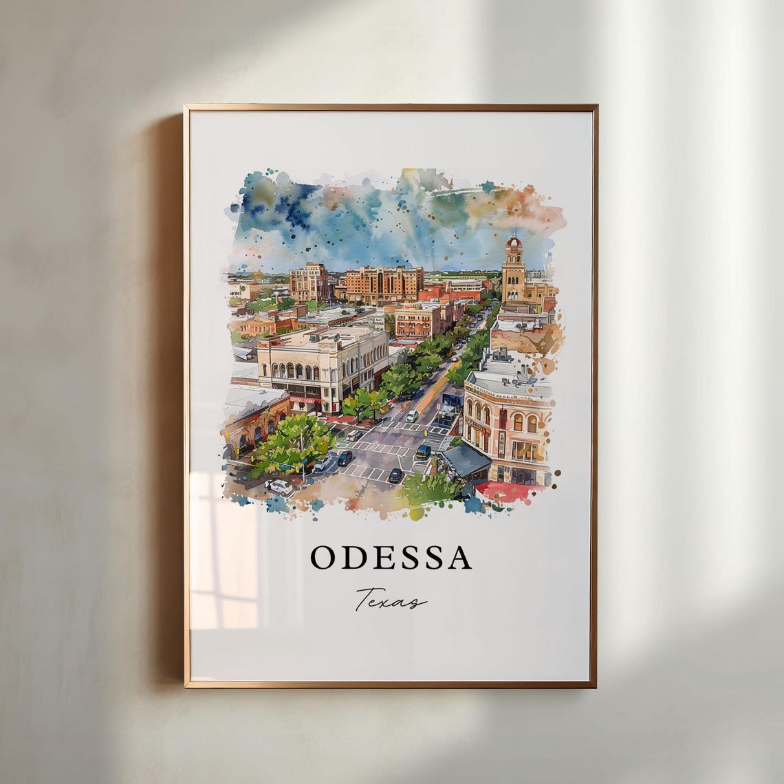 Odessa Texas Downtown Skyline Aerial Watercolor Travel Art Poster