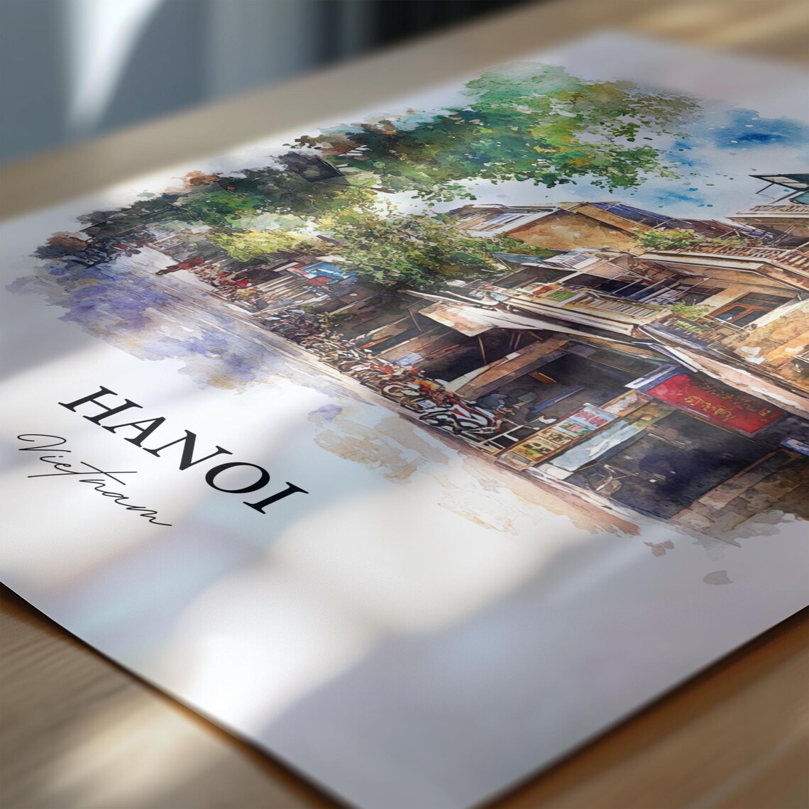 Hanoi Vietnam Old Quarter Street Scene Watercolor Travel Poster - Image 6