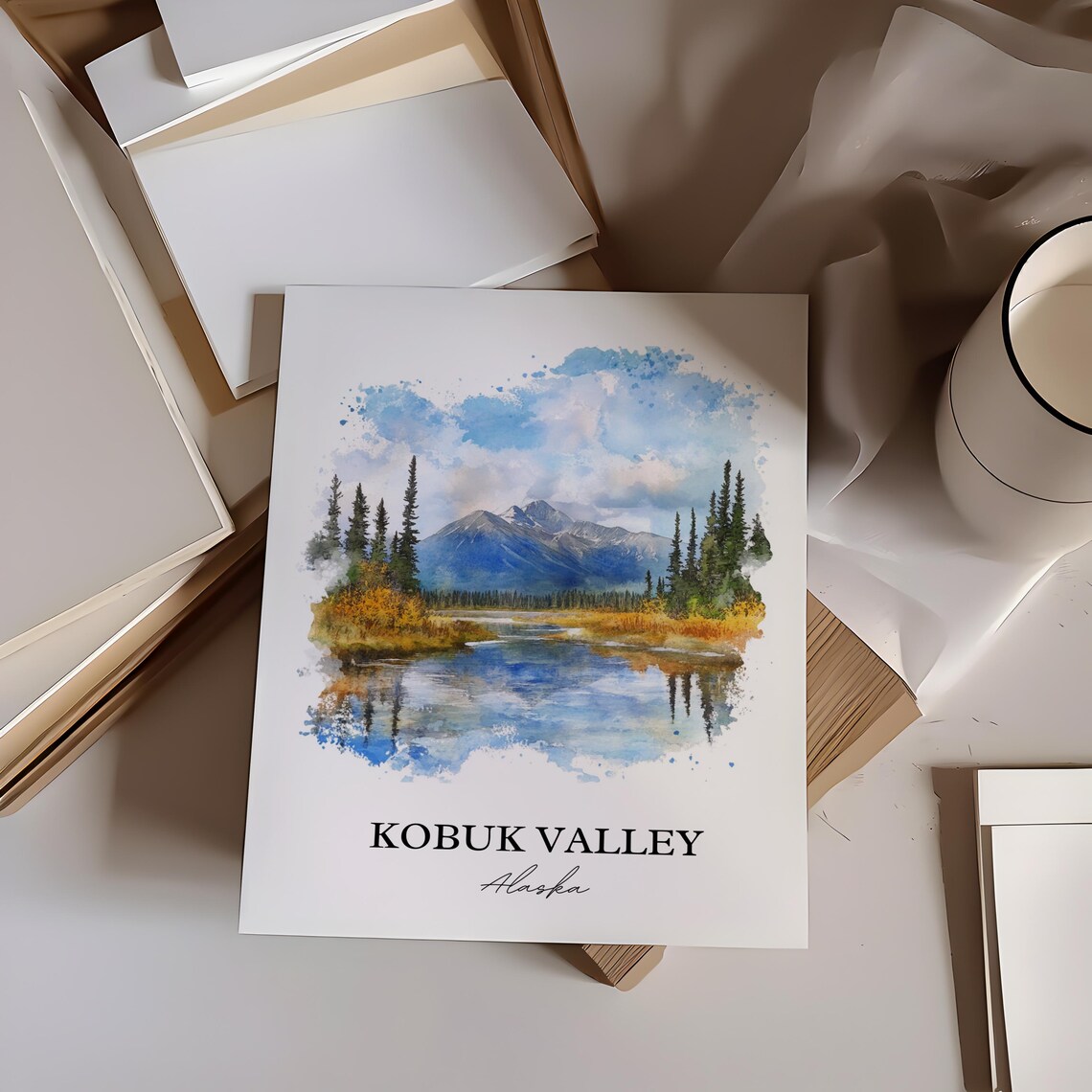 Kobuk Valley Alaska Mountain River Valley Watercolor Travel Poster - Image 3