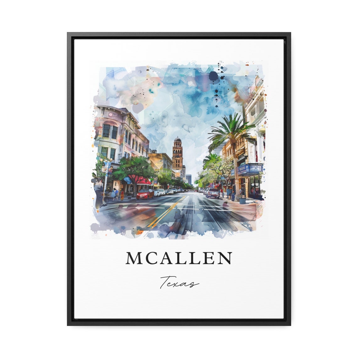 McAllen Texas Watercolor Main Street Palm Tree Clock Tower Poster - Image 2