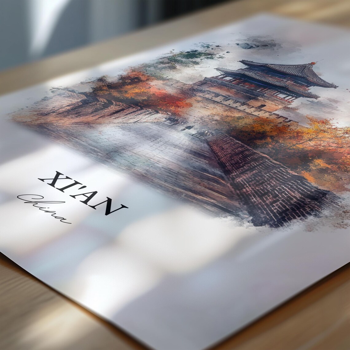 Xian China Watercolor Historic City Wall Tower Autumn Poster - Image 7