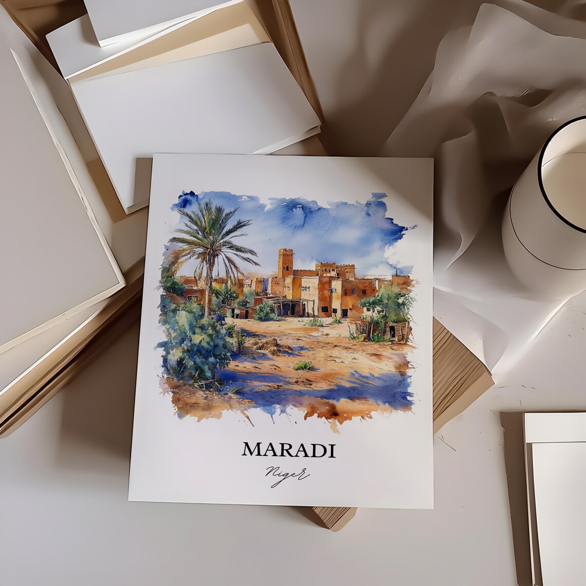 Maradi Niger Desert Town Palm Oasis Watercolor Scene Art Poster - Image 4