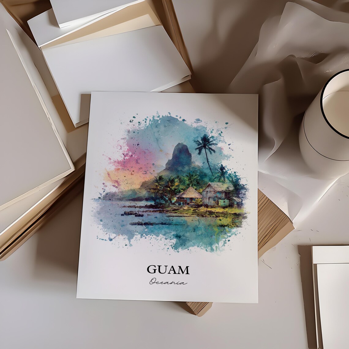 Guam Oceania Sunset Lagoon Huts Peak Watercolor Travel Poster - Image 3