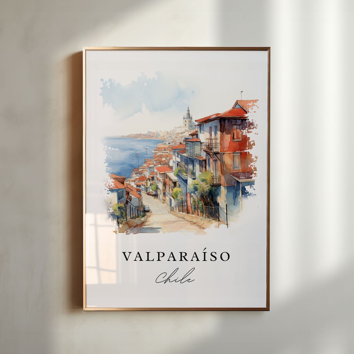 Valparaiso Chile Hillside Street Harbor Watercolor Travel Poster