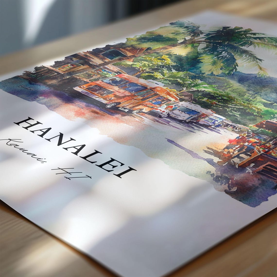 Hanalei Kauai Hawaii Palm Trees Street Watercolor Travel Poster - Image 6