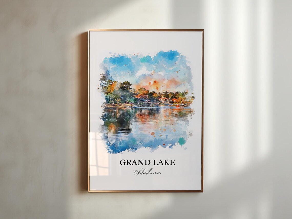Grand Lake Oklahoma Sunset Lakeshore Cabins Watercolor Poster - Image 5