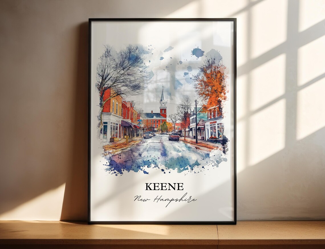 Keene New Hampshire Downtown Autumn Watercolor Travel Gift Poster