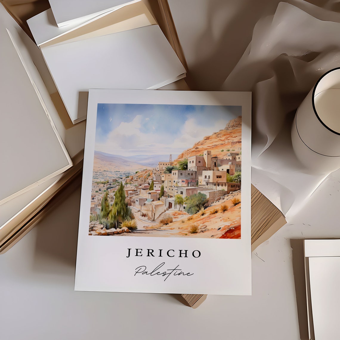 Jericho Palestine Watercolor Hillside Town Desert Landscape Poster - Image 6