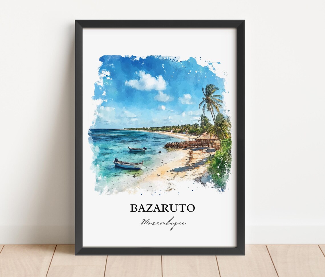 Bazaruto Mozambique Watercolor Beach Boats Island Travel Poster - Image 4