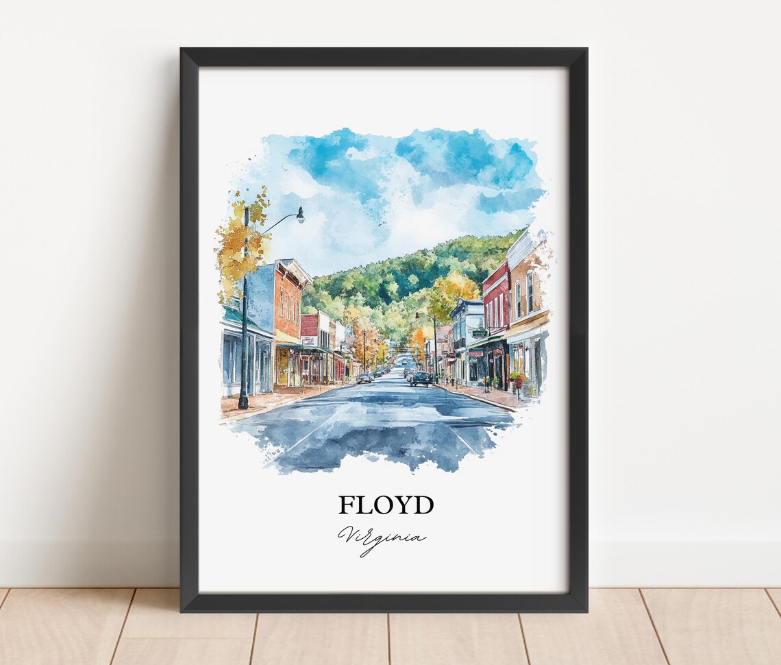 Floyd Virginia Main Street Mountain Backdrop Watercolor Travel Poster - Image 3