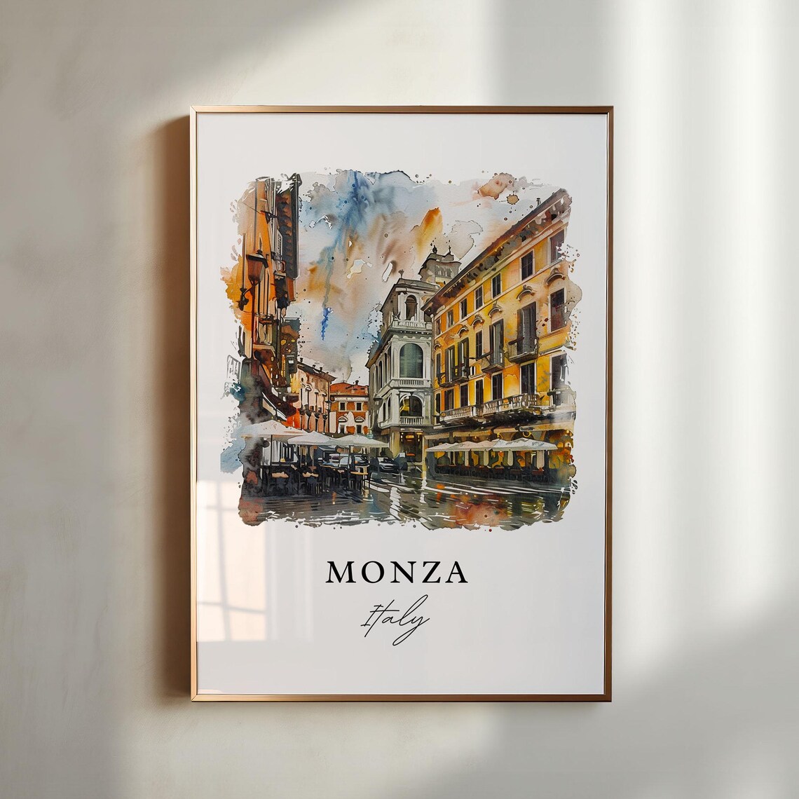 Monza Italy Piazza Cafe Umbrellas Watercolor City Street Poster