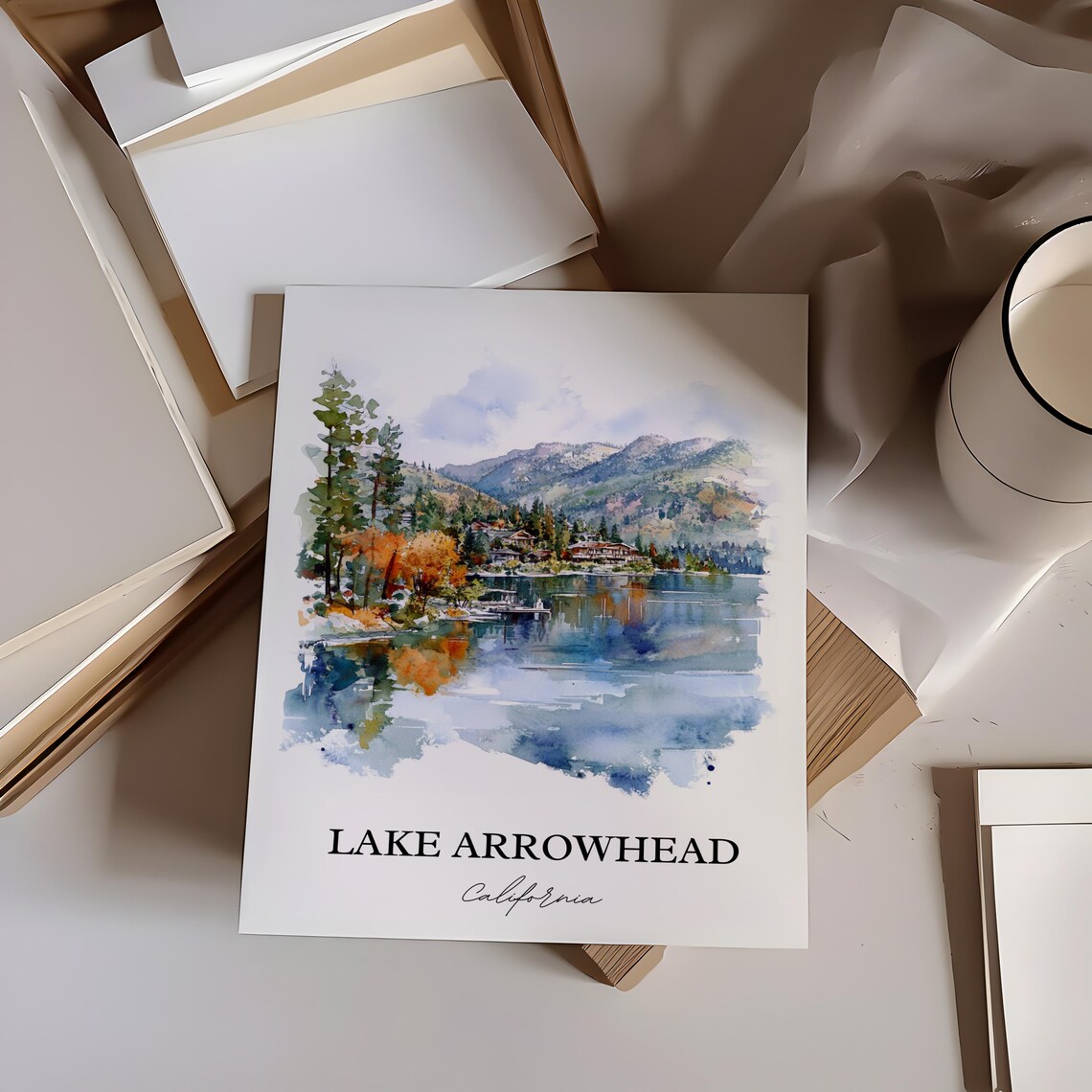 Lake Arrowhead California Watercolor Lake Pine Mountain Scene Poster - Image 3