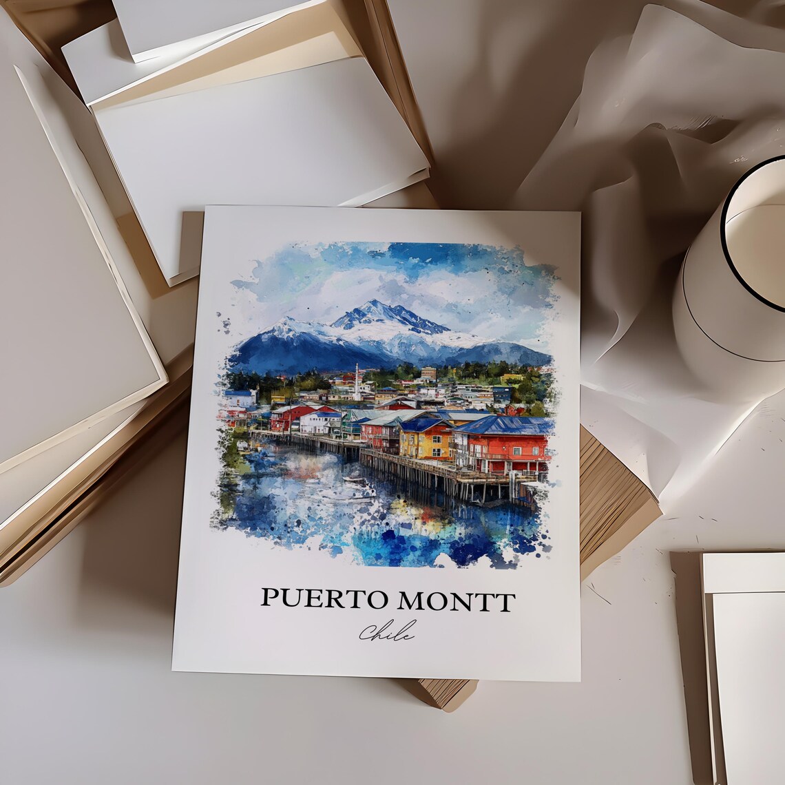 Puerto Montt Chile Watercolor Stilt Houses Snow Mountain Poster - Image 2