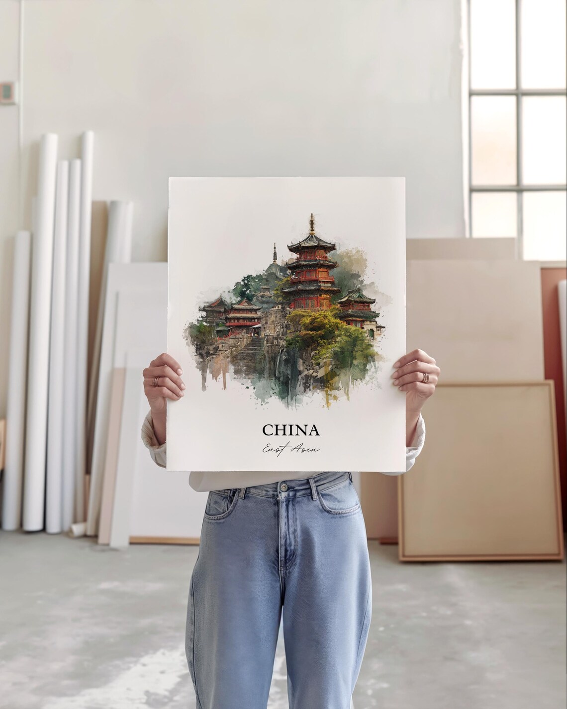 China East Asia Red Pagoda Temple Hill Watercolor Travel Poster - Image 3