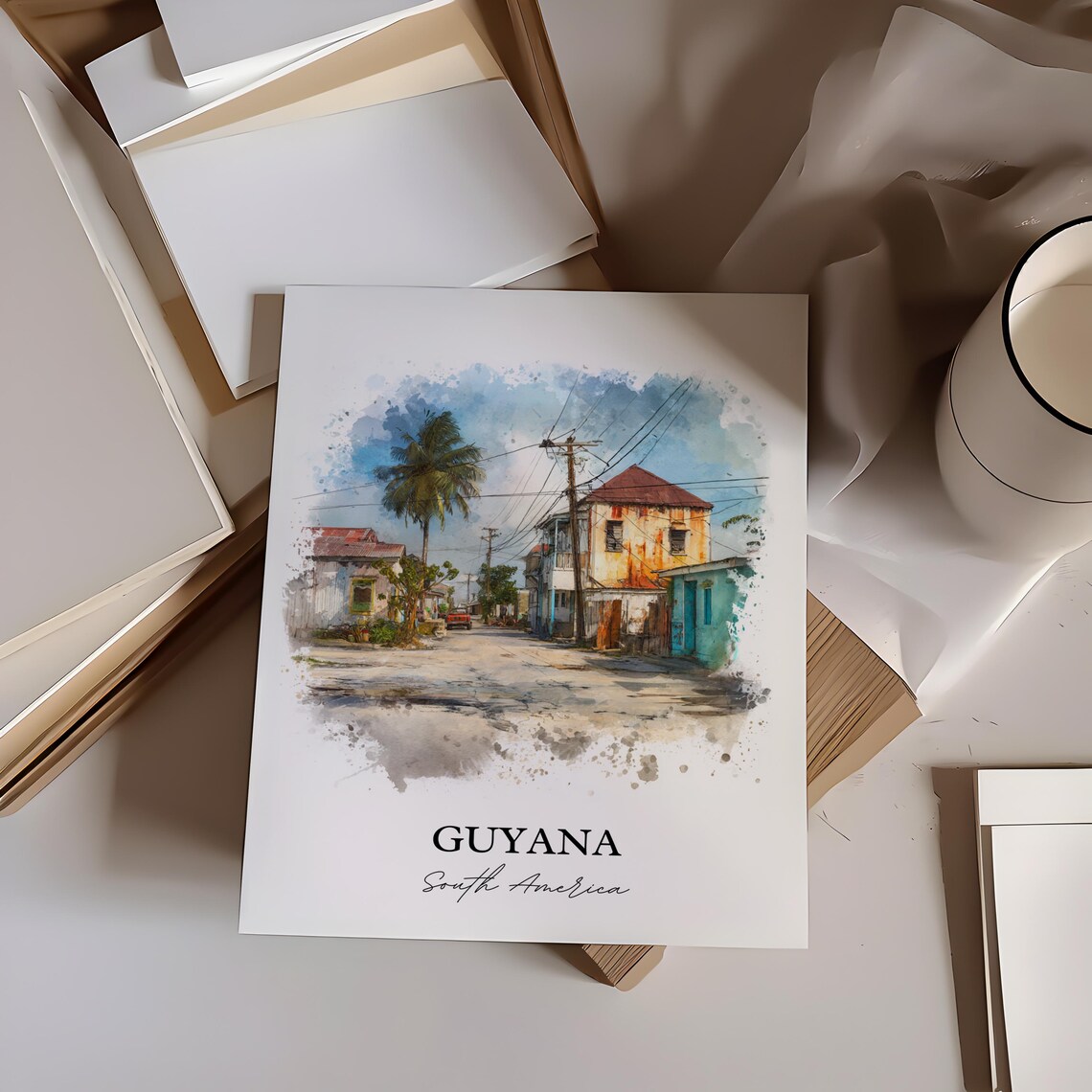 Guyana South America Old Street Wooden Houses Watercolor Art Poster - Image 2
