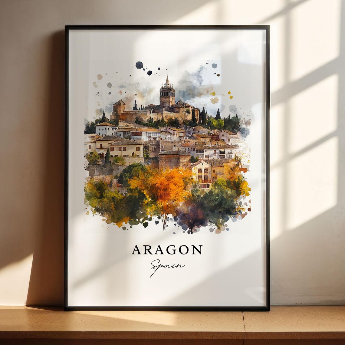 Aragon Spain Historic Hilltop Castle Town Watercolor Travel Poster - Image 5