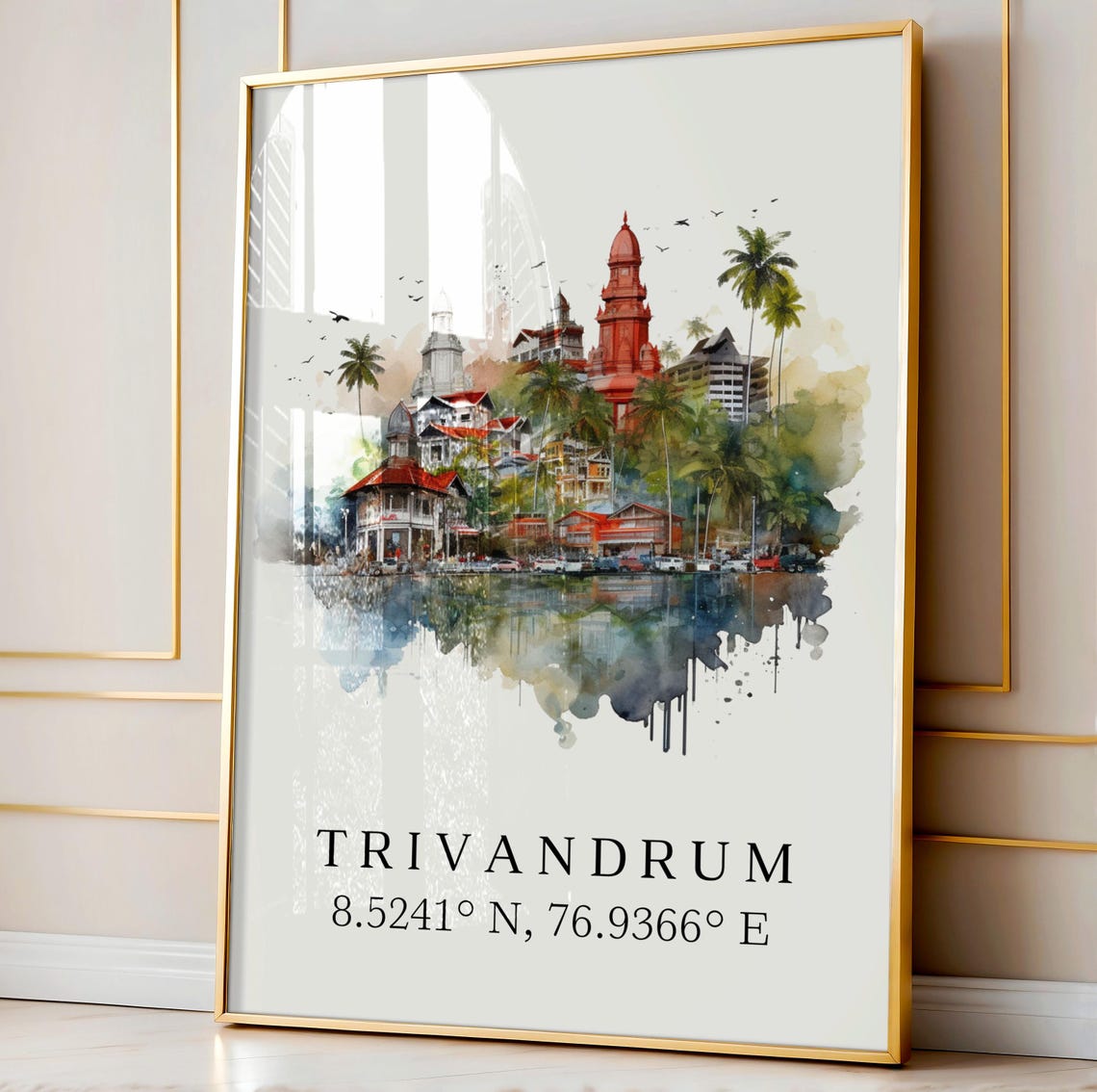 Trivandrum India Watercolor Red Dome Temples Coordinates Poster - Image 5