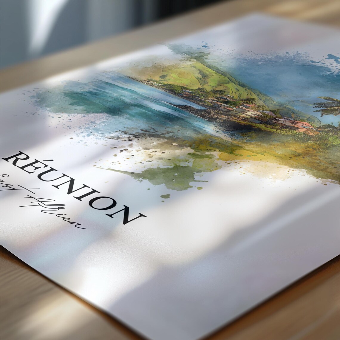 Reunion Island East Africa Tropical Coastal Village Watercolor Poster - Image 6