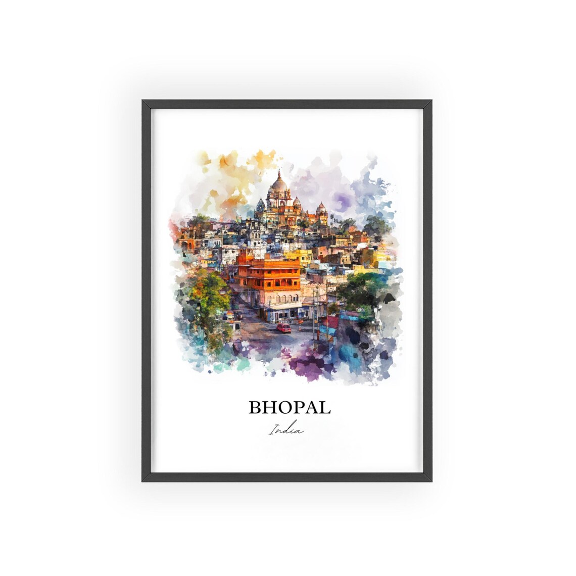 Bhopal India Watercolor Old City Temple Skyline Travel Poster - Image 2