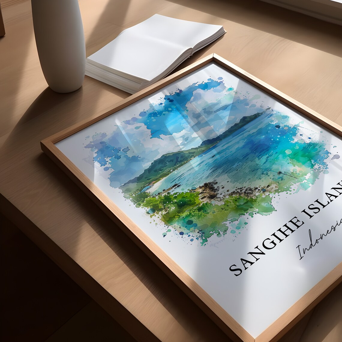 Sangihe Islands Indonesia Tropical Cove Watercolor Island Beach Poster - Image 6
