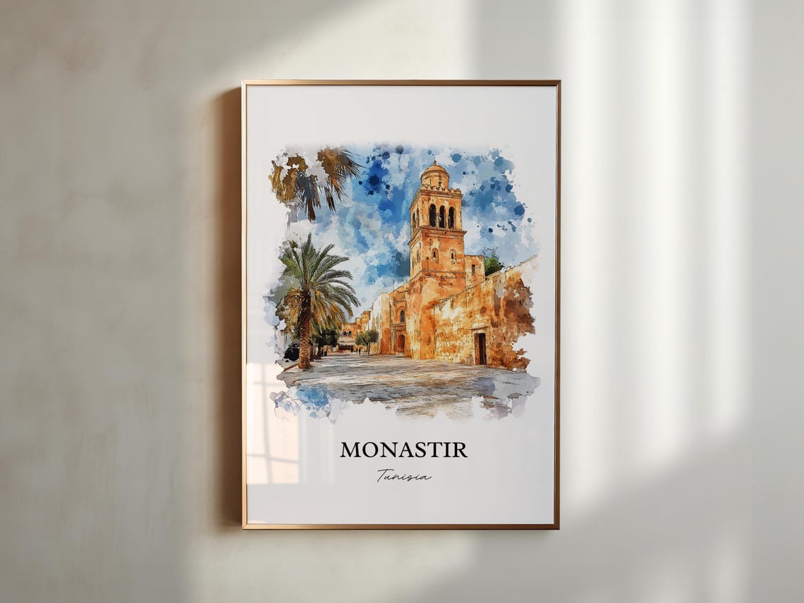 Monastir Tunisia Historic Mosque Palm Trees Watercolor Travel Poster - Image 4