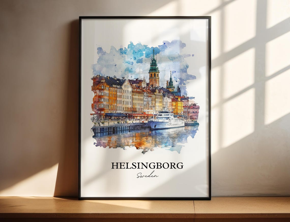 Helsingborg Sweden Waterfront Ship Watercolor Minimalist Travel Poster
