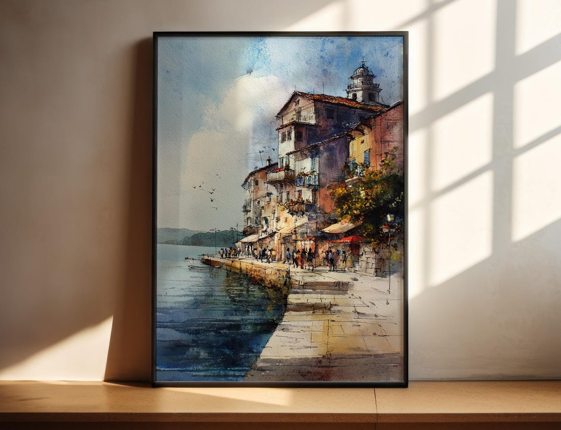 Corfu Greece Seaside Promenade Harbor Watercolor Travel Poster