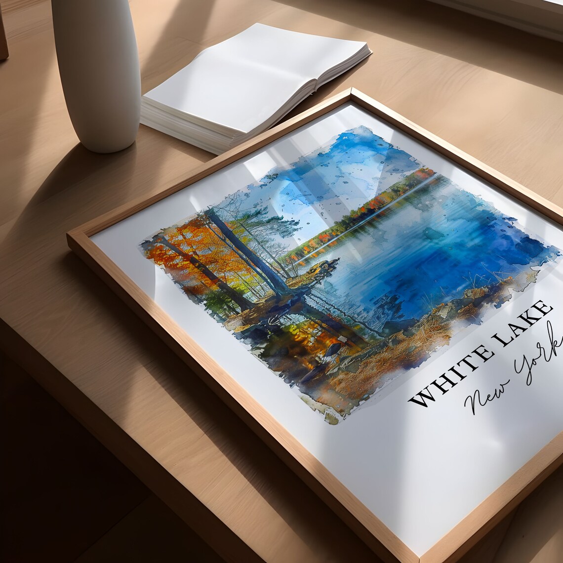 White Lake New York Autumn Lakeside Reflections Watercolor Poster - Image 5