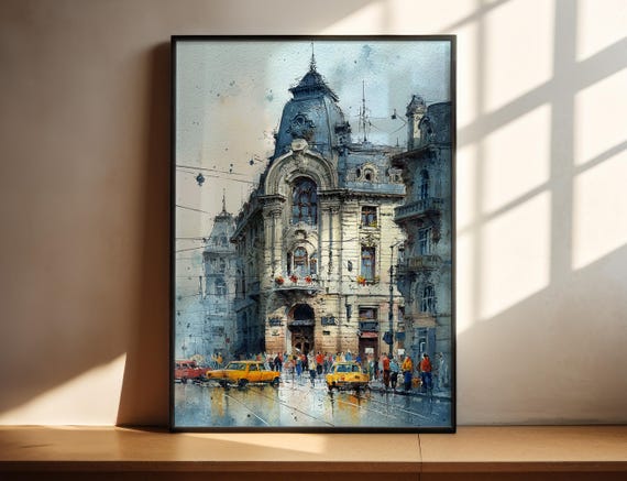 Bucharest Watercolor Art Travel Print Romania Artwork Decor Cityscape Wall