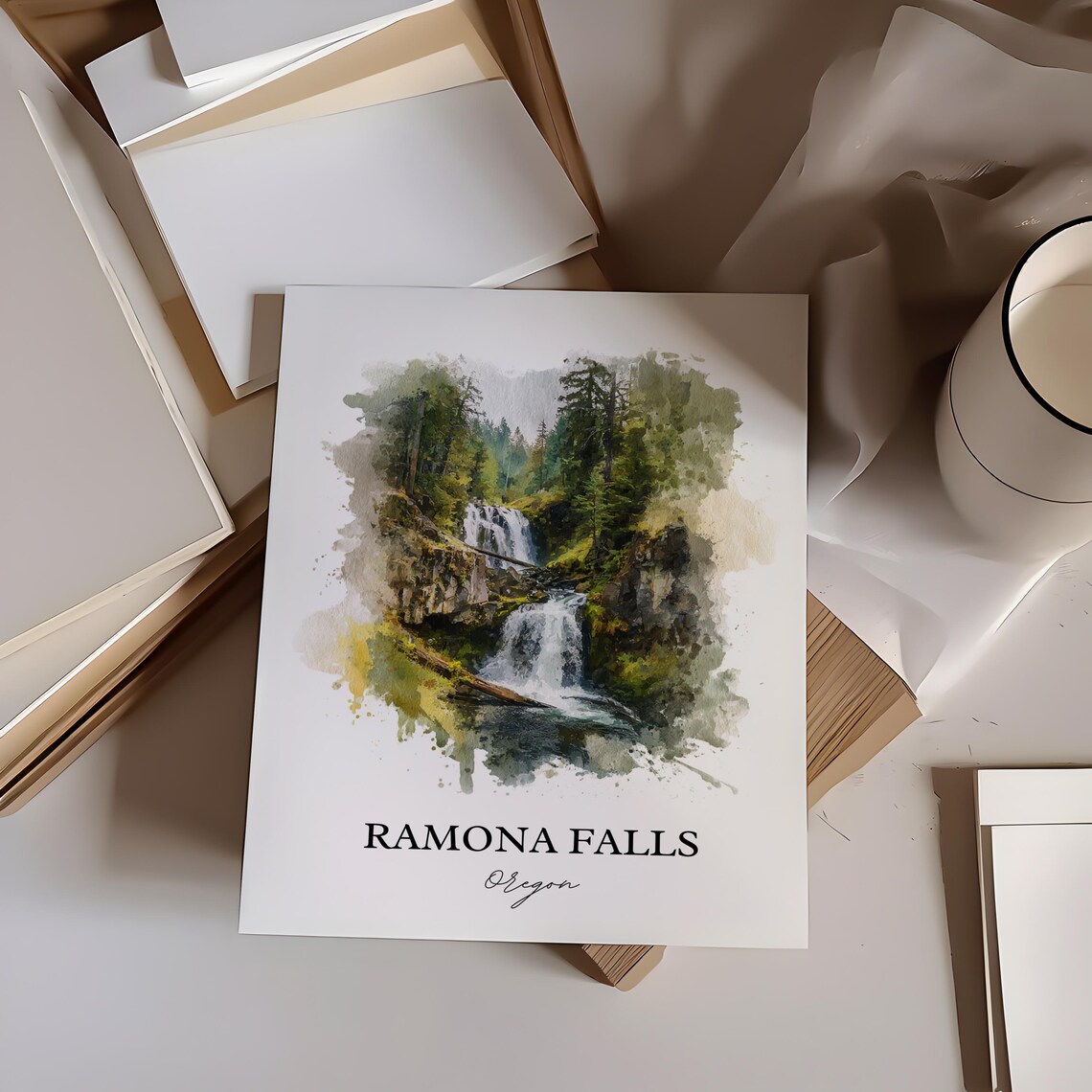 Ramona Falls Oregon Mount Hood Forest Waterfall Watercolor Poster - Image 3