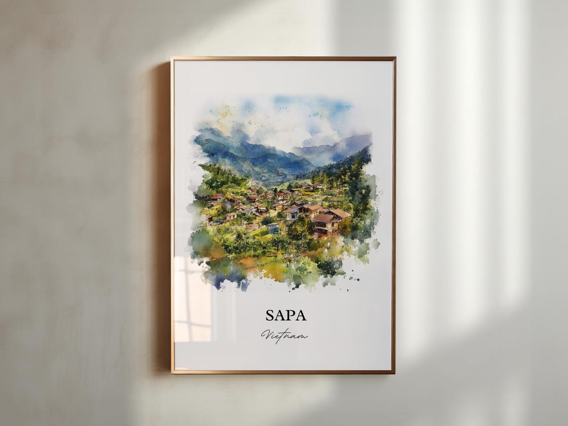 Sapa Vietnam Watercolor Mountain Town Valley Landscape Poster - Image 5