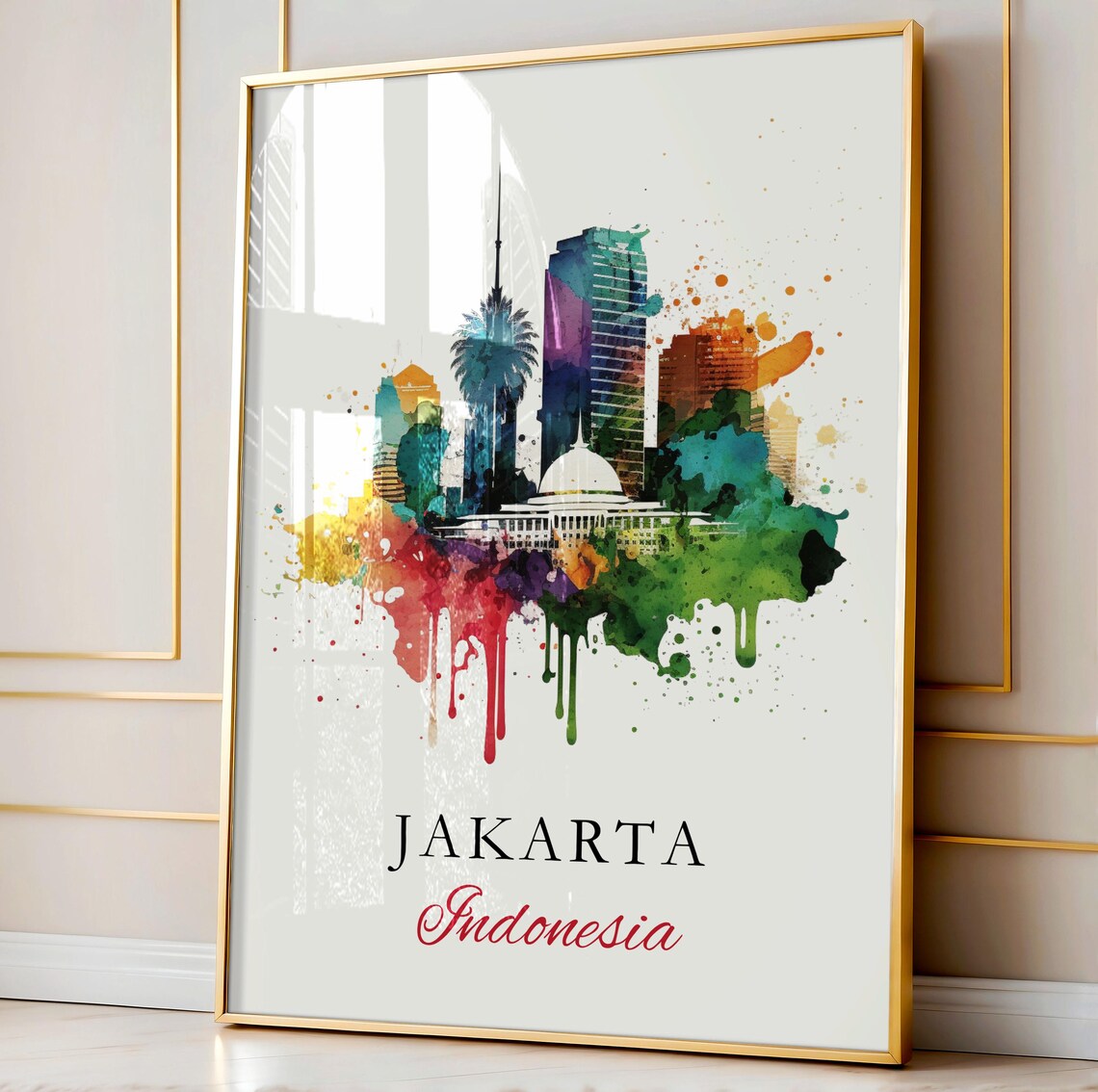 Jakarta Indonesia Splatter Watercolor Colorful Skyline Poster - Image 3