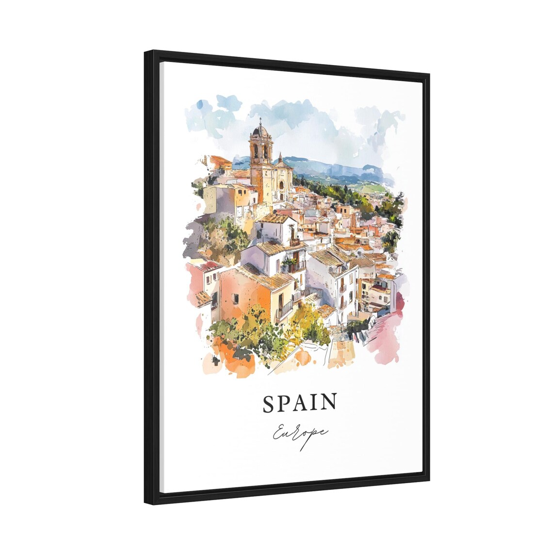 Spain Europe White Hilltop Village Watercolor Old Town Poster - Image 2