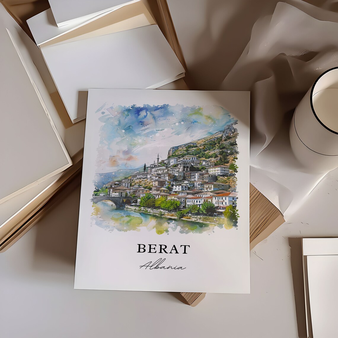 Berat Albania Riverside Old Town Historic Watercolor Travel Poster - Image 6