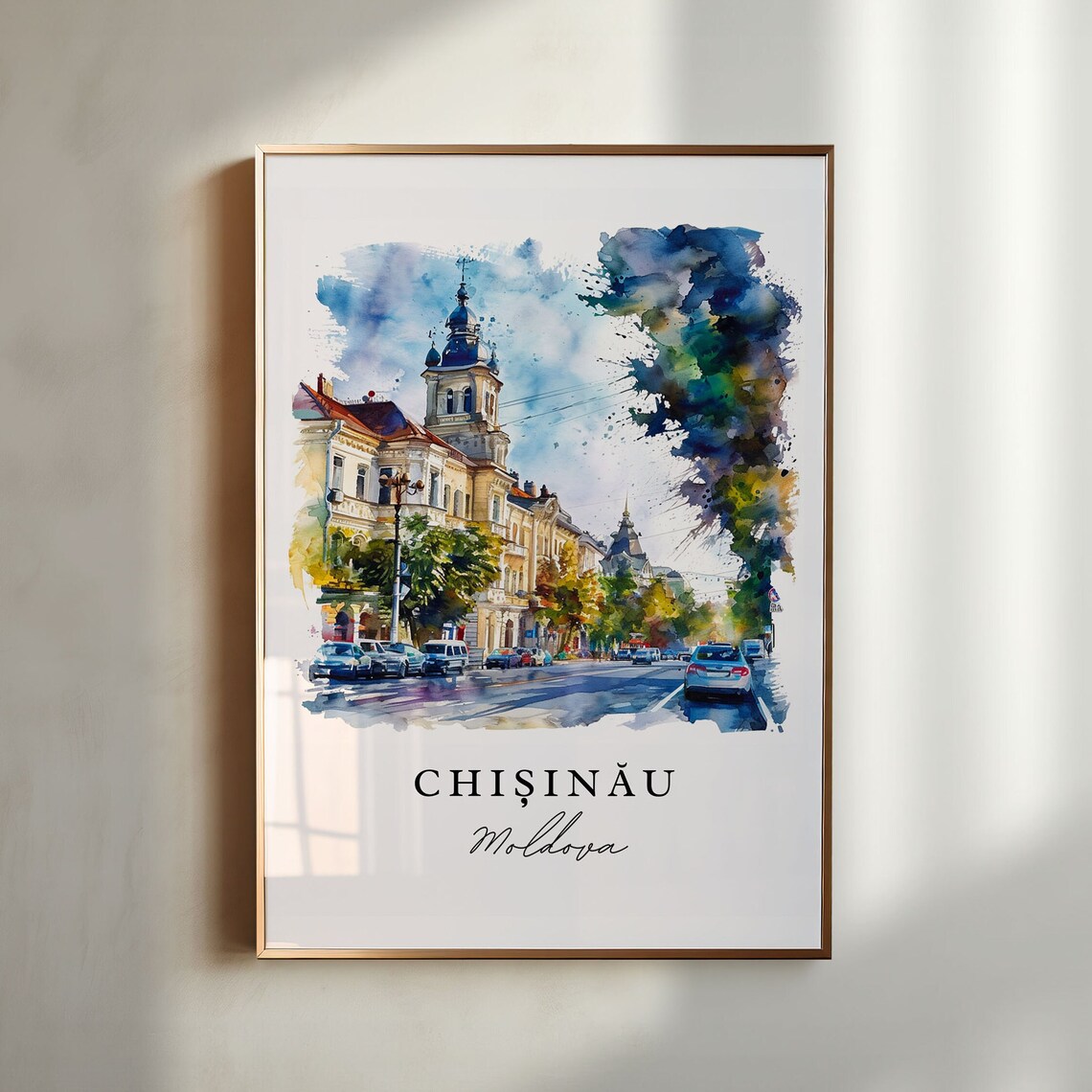 Chisinau Moldova City Street Bell Tower Watercolor Travel Poster