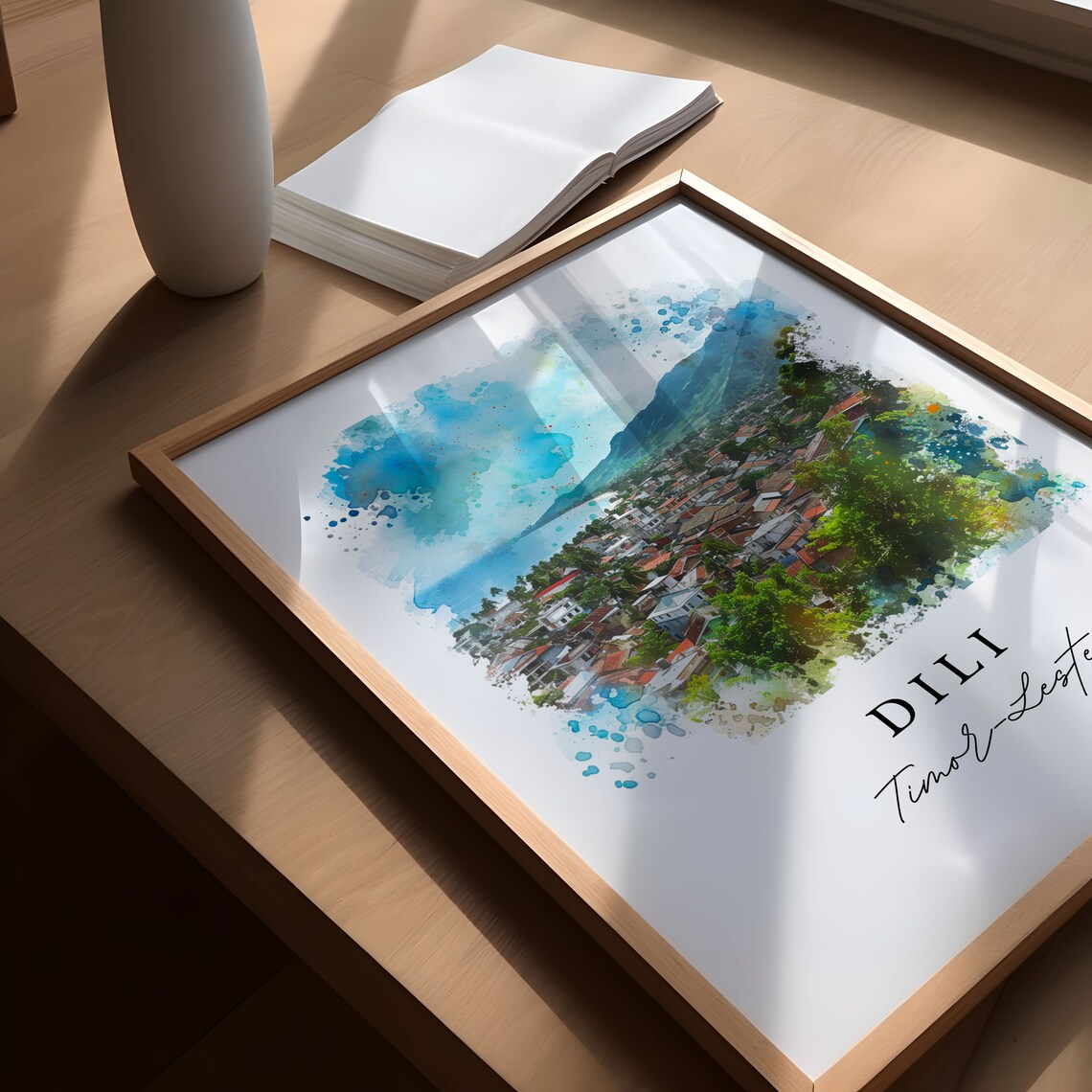 Dili Timor Leste Watercolor Coastal Town Bay View Travel Poster - Image 5