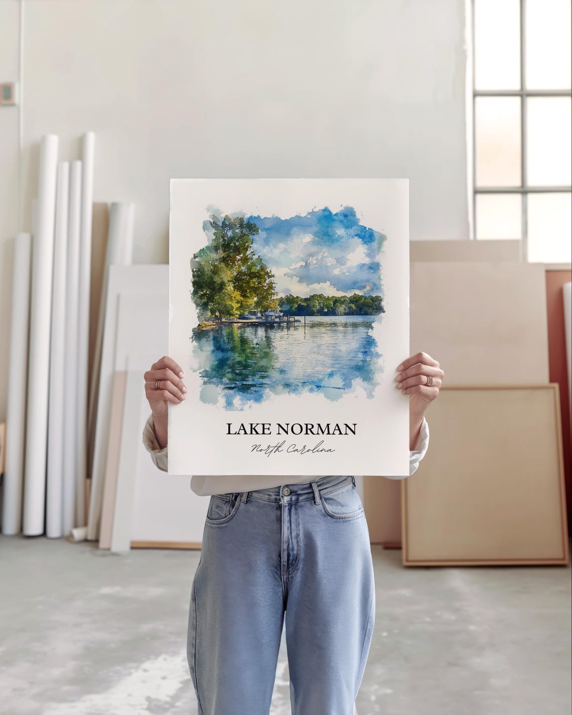 Lake Norman North Carolina Tree Framed Lake Docks Watercolor Poster - Image 3