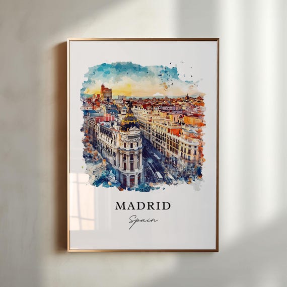 Madrid Spain Watercolor Skyline Art Print, Travel Poster