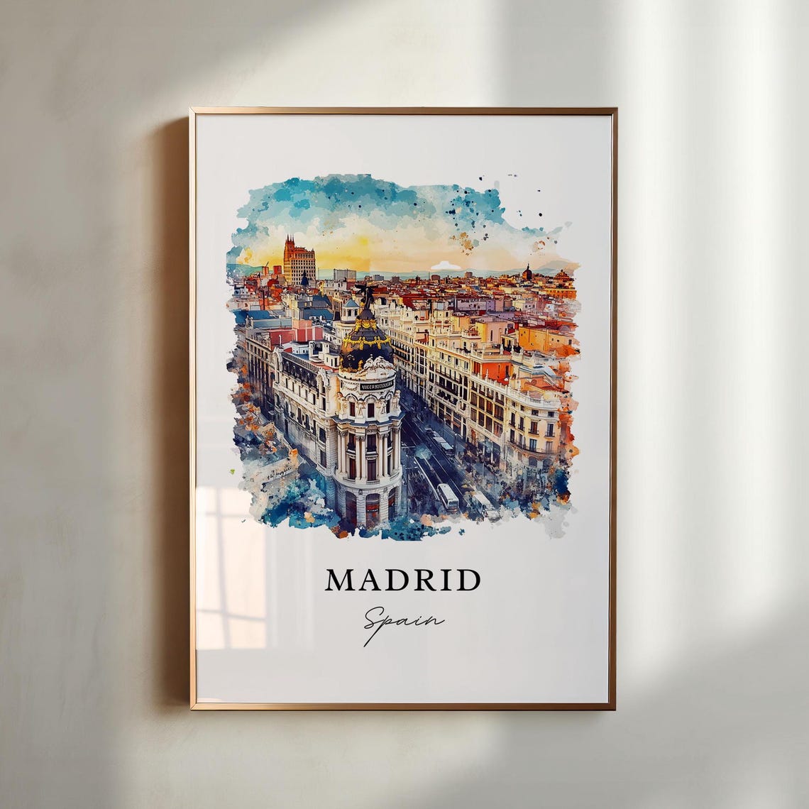 Madrid Spain Watercolor Skyline Art Print, Travel Poster