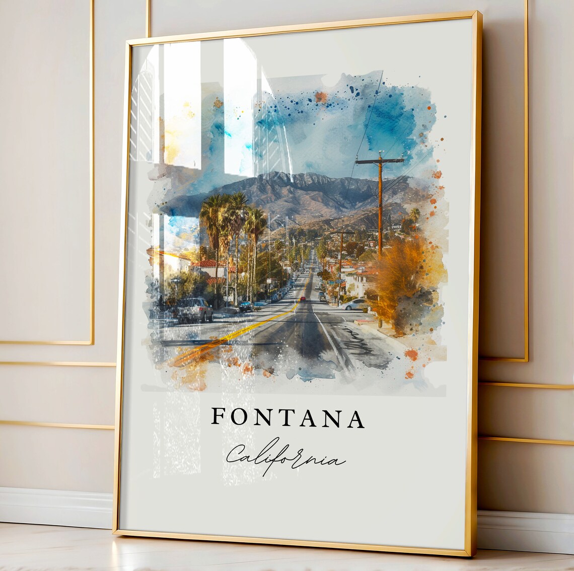 Fontana California Sunlit Palm Lined Street Mountain View Poster - Image 4