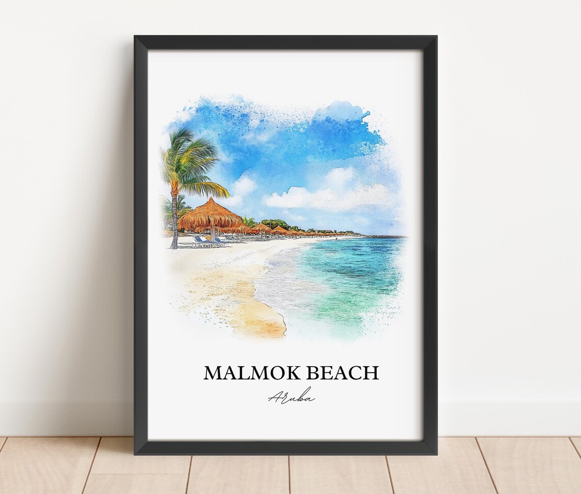 Malmok Beach Aruba Watercolor Palapa Shore Palm Trees Poster - Image 2
