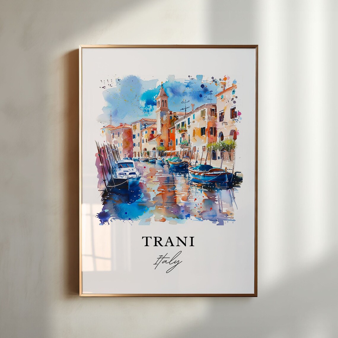 Trani Italy Apulia Harbor Boats Watercolor Coastal Town Poster