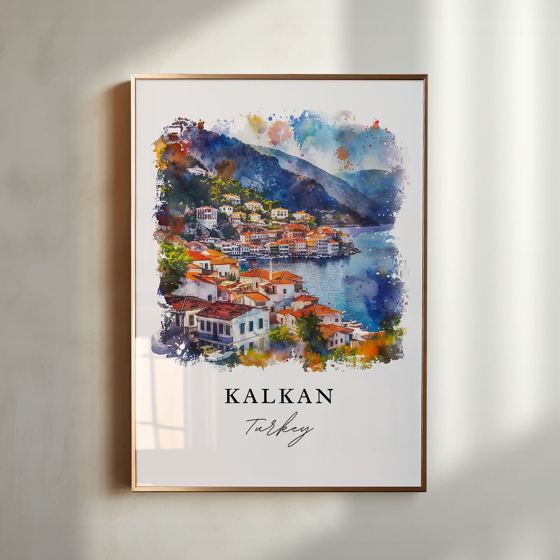Kalkan Turkey Watercolor Coastal Village Blue Bay Travel Poster