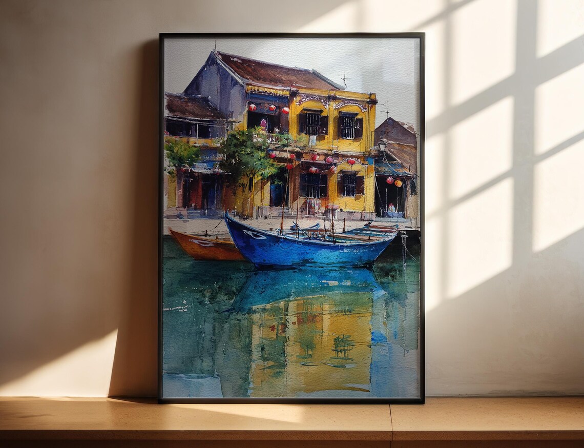 Hoi An Vietnam Lantern Street with Blue Boat Watercolor Print