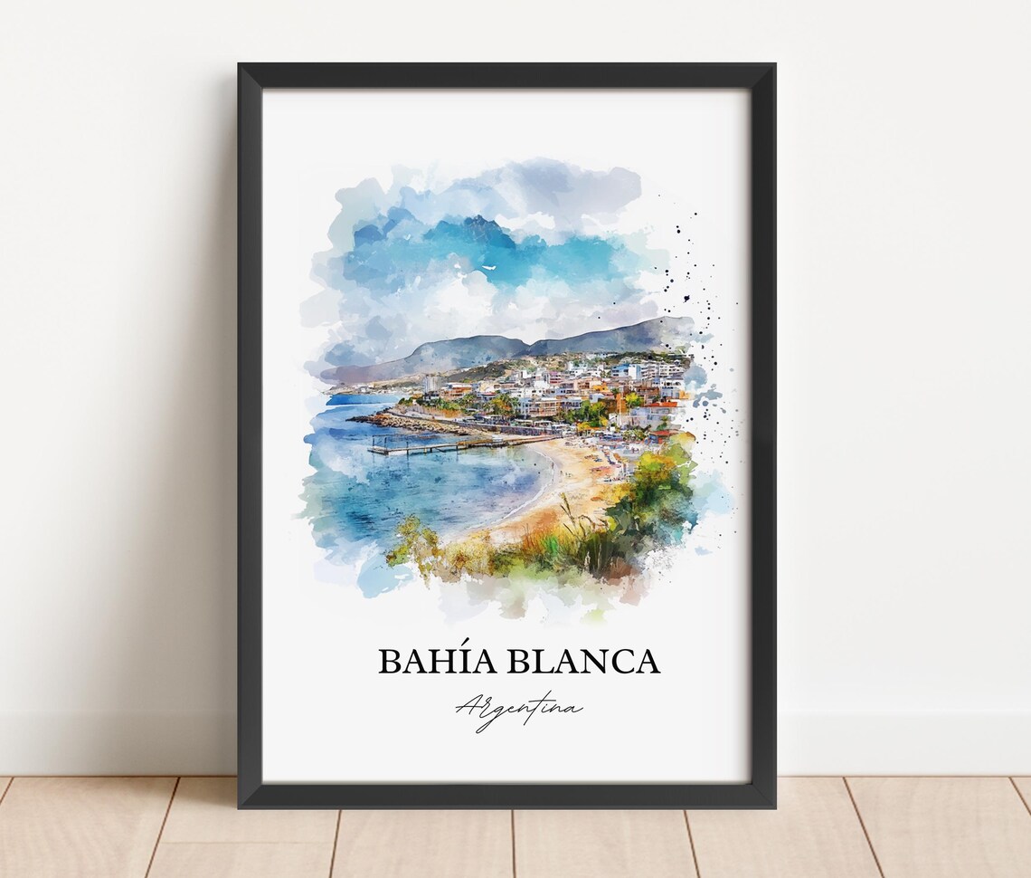 Bahia Blanca Argentina Watercolor Curved Bay Beach Scene Poster - Image 5