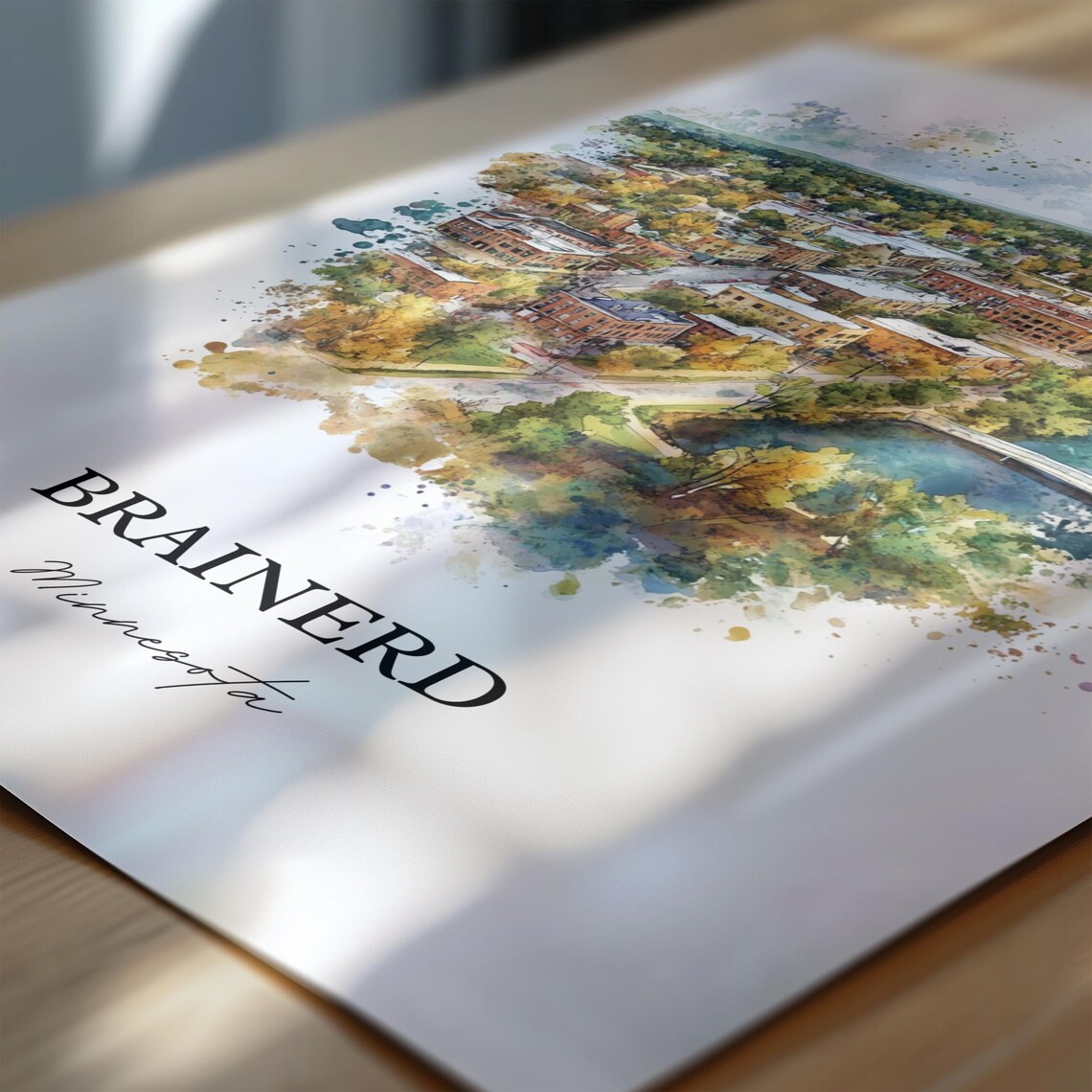 Brainerd Minnesota Downtown Lake Aerial Watercolor Art Poster - Image 6
