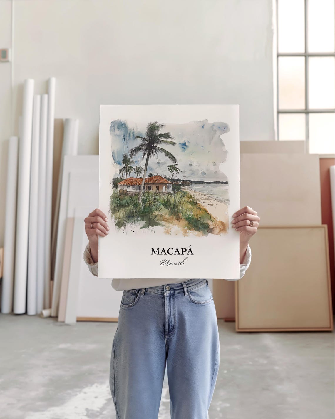 Macapá Brazil Watercolor Beach House Palms Coastal Scene Poster - Image 5