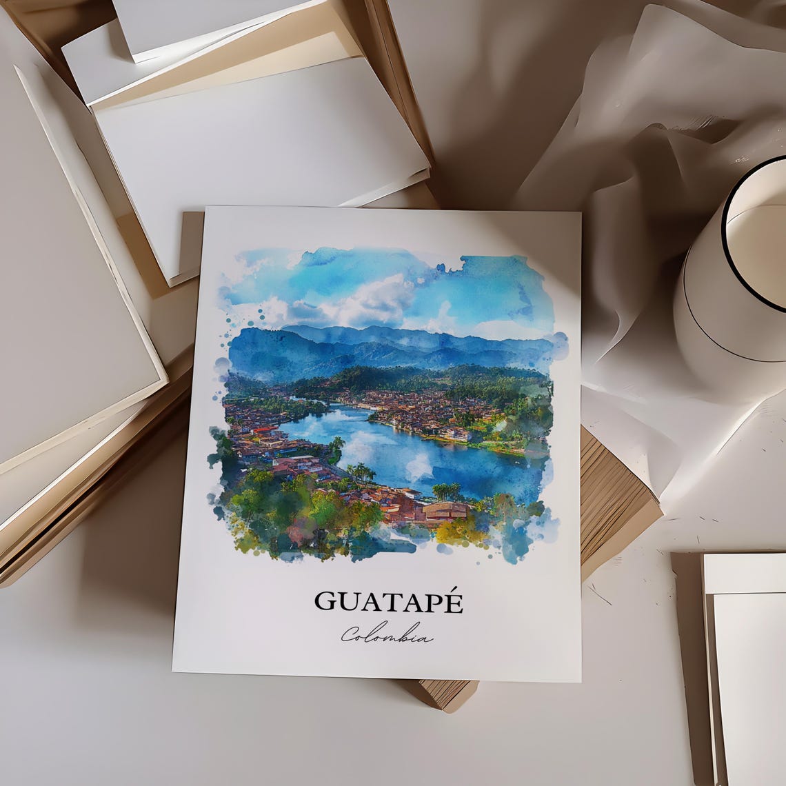 Guatape Colombia Watercolor Aerial Lake Town View Scene Poster - Image 3