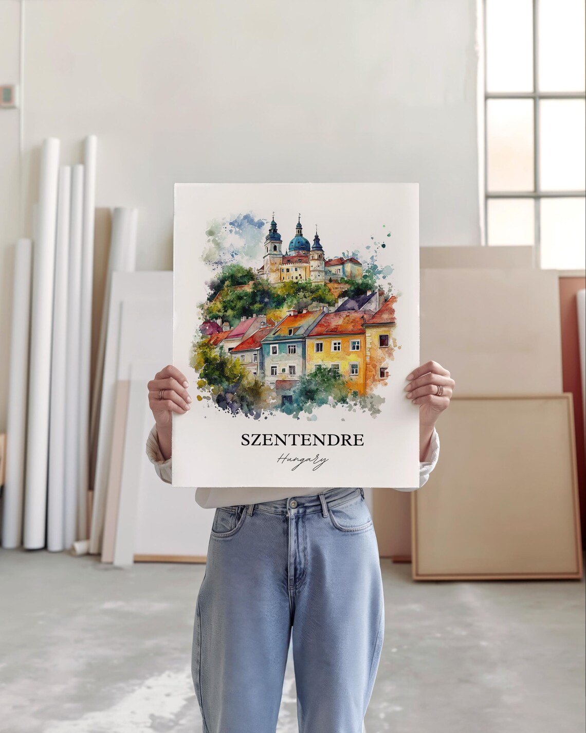 Szentendre Hungary Watercolor Hilltop Church Colorful Houses Poster - Image 4